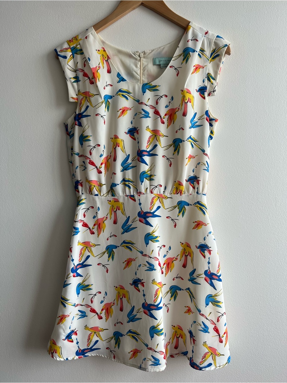 Camilla Tree Bird Print Dress Small White Multicolor Mini Dress Summer Quirky